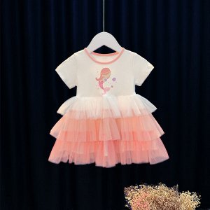 Платье детское, с коротким рукавом, принт "Русалочка", цвет белый/розовый