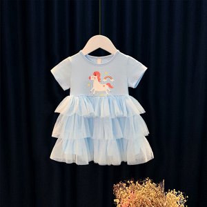 Платье детское, с коротким рукавом, принт "Единорог", цвет голубой