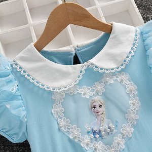 Платье детское, с коротким рукавом и белым воротником, принт "Эльза ("Холодное сердце")", цвет голубой