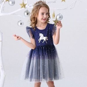 Платье детское, с коротким рукавом, принт "Единорог", цвет темно-синий