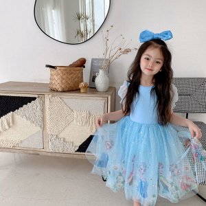 Платье детское, с коротким рукавом, принт на юбке "Холодное сердце", цвет голубой