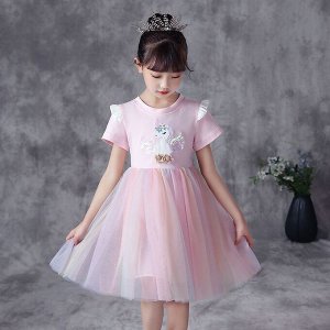 Платье детское, с коротким рукавом, принт "Крылатый единорог", цвет розовый