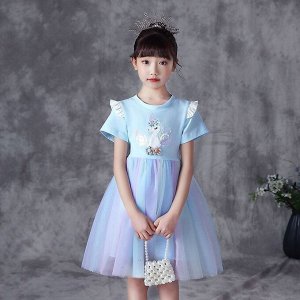 Платье детское, с коротким рукавом, принт "Крылатый единорог", цвет голубой