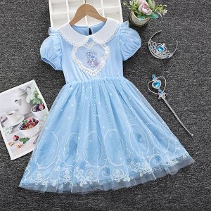 Платье детское, с коротким рукавом, принт "Зайка в сердечке", цвет голубой