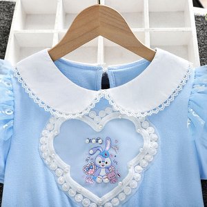 Платье детское, с коротким рукавом, принт "Зайка в сердечке", цвет голубой
