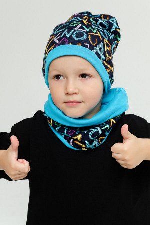 Комплект детский демисезонный шапка+снуд для мальчика Буквы бирюза