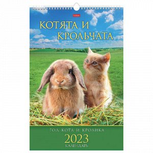 Календарь на гребне с ригелем, 2023 г., 30х45 см, ЛЮКС, "Котята и крольчата", HATBER, 12Кнп3гр_27121