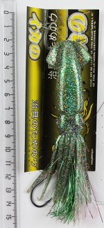 Каракатица оснащенная 4.5&quot; UV (кр, бусина зеленая-красная-зеленая, прозрачная, блестки, мишура, два крючка №5/0)