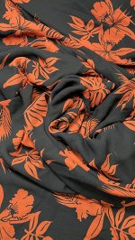 Ткань шифон плотный оранжевые цветы на черном. Вискозный шифон Ширина - 150 см Длина - 460 см