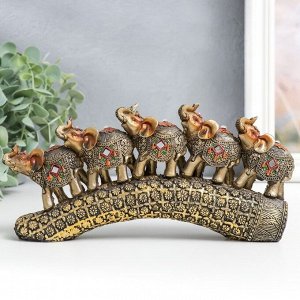 Сувенир полистоун "Пять слонов на бивне с цветами" бронза 20,5х4х11 см