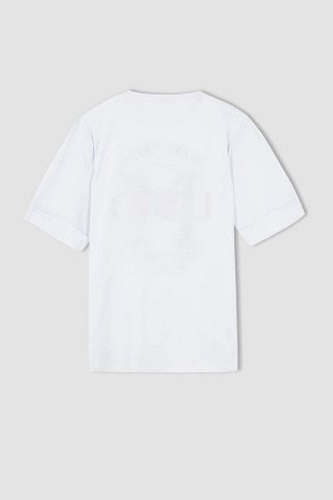 Классная хлопковая футболка оверсайз с круглым вырезом и принтом с короткими рукавами