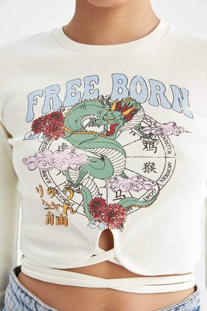 Укороченная футболка с длинными рукавами и принтом Cool Slogan с завязками на талии