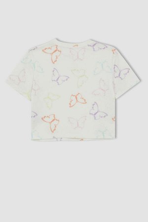 Крутая укороченная футболка в рубчик с коротким рукавом с круглым вырезом и бабочкой