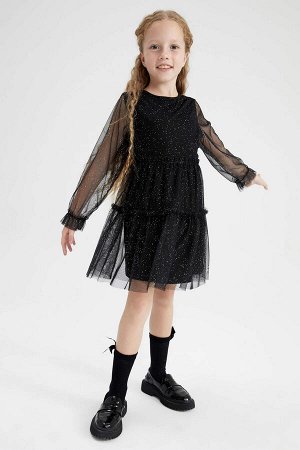 Бархатное платье с длинными рукавами из тюля для девочек