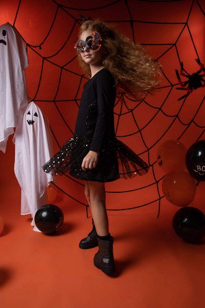 Платье с длинными рукавами из тюля на тему Хэллоуина для девочек, комплект с короной
