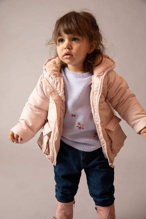 Пальто с подкладкой из плюша с капюшоном и карманом для маленьких девочек