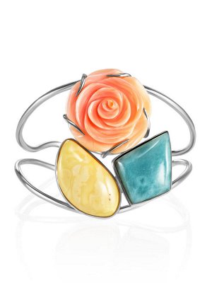 Красивый эффектный браслет «Розамунда» с янтарём, бирюзой и стромбусом