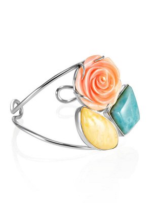 Красивый эффектный браслет «Розамунда» с янтарём, бирюзой и стромбусом