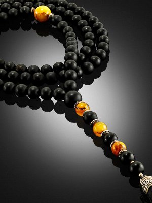 Декоративные чётки-ожерелье из формованного чёрного янтаря, украшенные кистью «Куба»
