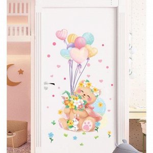 Наклейка пластик интерьерная цветная "Медвежонок с охапкой цветов и шариками" 60х90 см