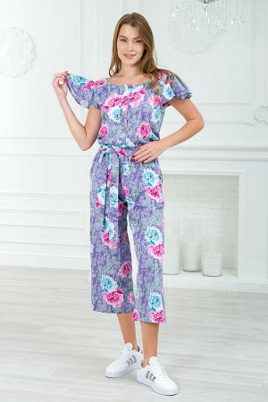 Комбинезон женский из кулирки Верена пион на фиолетовом