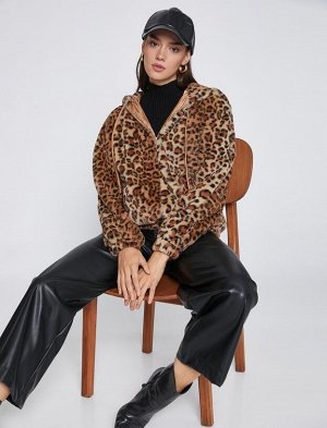 Плюшевая куртка с леопардовым принтом и капюшоном