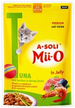 A-Soli Mii-O для котят пауч Тунец и сардина в кревет. соусе 80г ПРОМО НАБОР 6+2 всего 8шт