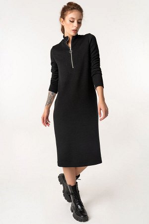Платье трикотажное прямое миди с длинным рукавом черное