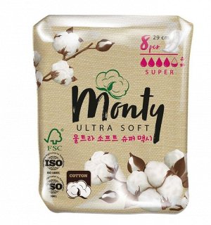 Прокладки женские гигиенические Monty Ultra Soft .29см,8шт.4.5🩸, Мягкая поверхность, Дышащий верхний слой, Анатомическая форма, Без ароматизаторов.