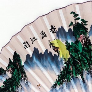 Веер бамбук, текстиль h=90 см "Река и горы" белый