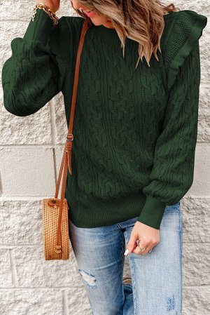 Зеленый вязаный свитер с косами и оборками на плечах