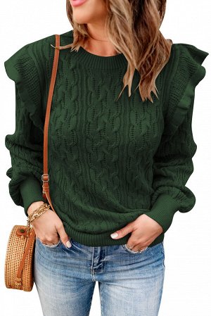 Зеленый вязаный свитер с косами и оборками на плечах