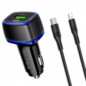 Автомобильное зарядное устройство BOROFONE BZ14A Mercury, USB+Type-C + Кабель Type-C-Lightning, 3A, черный