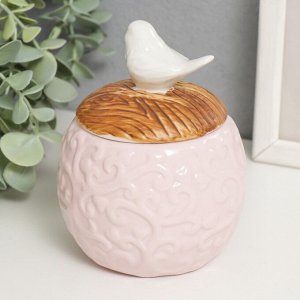 Шкатулка керамика круглая "Белая птичка" розовый 9х9х12,5 см