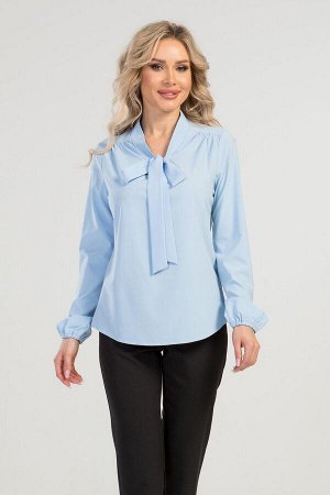 Блуза Изящная блуза  с завязкой "бант" из эластичной блузочной ткани. Прямого силуэта из легкой ткани - Ниагара. Расцветка голубой. Горловина оформлена воротником-стойкой, переходящим в пышный бант на
