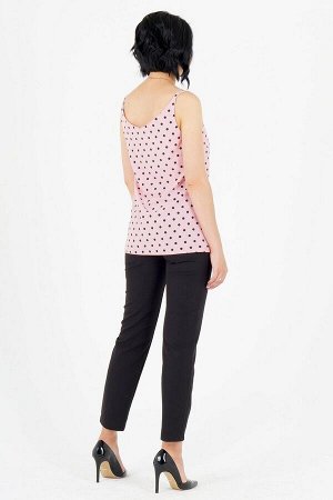 Блуза Блуза топ на бретелях. Расцветка чёрный горох на розовом. Выполнена из эластичной блузочной ткани. Без рукавов. Без застёжки. Без подклада. ДИ в 42-44 р 61 см, в 46-48 р 63 см, в 50-54 р 64 см. 
