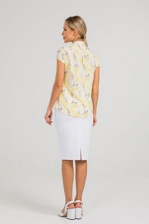 Блуза Элегантная блузка из легкой эластичной ткани. Расцветка серо-желтые разводы на белом. Горловина оформлена стойкой переходящей в завязку - бант. Рукава короткие 10 см. Низ ровный, без разрезов. Б