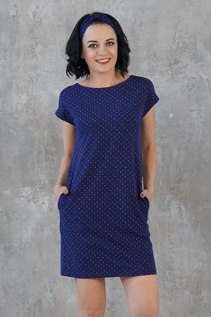 Платье Платье из вискозного эластичного трикотажного полотна свободного силуэта. Расцветка цветные точки на тёмно-синем. Круглый вырез горловины. Короткие рукава, длинна плеча в 42-44 р 17 см, в 46-48