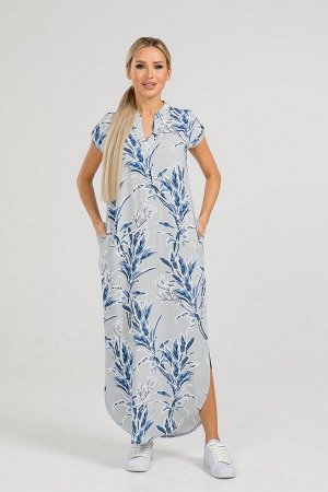 Платье Длинное очаровательное платье-рубашка.   Выполнено из хлопкового полотна штапель. Расцветка голубые листья на сером.   V-образный вырез горловины.  Рукава цельнокроеные, длина от плеча в 42-44 
