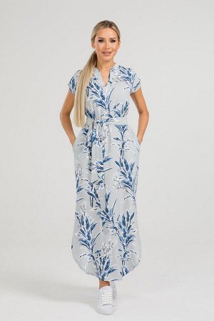 Платье Длинное очаровательное платье-рубашка.   Выполнено из хлопкового полотна штапель. Расцветка голубые листья на сером.   V-образный вырез горловины.  Рукава цельнокроеные, длина от плеча в 42-44 