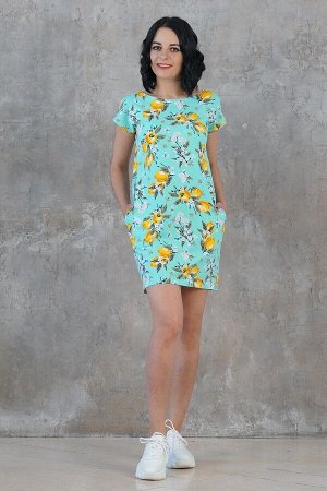 Платье Платье из вискозного эластичного трикотажного полотна свободного силуэта. Расцветка лимоны на голубом. Круглый вырез горловины. Короткие рукава, длинна плеча в 42-44 р 17 см, в 46-48 р 18 см, в
