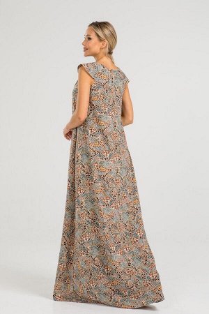 Платье Воздушное длинное платье свободного силуэта с оригинальным принтом. Выполнено из плательной ткани. Расцветка оранжевый растительный узор на оливковом.  Вырез горловины круглый со сборкой. Застё