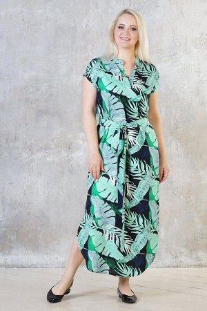 Платье Длинное платье-рубашка выполнено из натурального хлопка "Штапель". Расцветка зелёные листья на чёрном. V-образный вырез горловины. Накладной карман по полке. Рукава цельнокроеные, длина от плеч