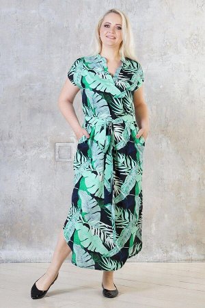 Платье Длинное платье-рубашка выполнено из натурального хлопка "Штапель". Расцветка зелёные листья на чёрном. V-образный вырез горловины. Накладной карман по полке. Рукава цельнокроеные, длина от плеч