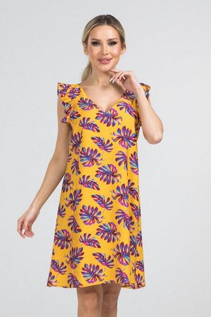 Платье Комфортное летнее платье свободного силуэта из легкой ткани муслин. Расцветка тропические листья на желтом. Вырез горловины V-образный. Без рукавов, декорирован крылышком с рюшей. Низ ровный, б