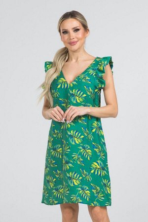 Платье Комфортное летнее платье свободного силуэта из легкой ткани муслин. Расцветка тропические листья на зеленом. Вырез горловины V-образный. Без рукавов, декорирован крылышком с рюшей. Низ ровный, 