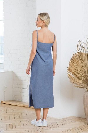 Платье Элегантное платье сделает Ваш образ женственным и притягательным. Расцветка синий меланж. Выполнено из натурального полотна лен. Модель на тонких, регулируемых бретелях, которые позволят регули