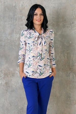 Блуза Блуза с завязкой "бант" из эластичной блузочной ткани. Расцветка растительный принт на лиловом. Рукава  48 см. Без застёжки. Без подклада. Низ прямой. ДИ в 42-44 р 63 см, в 46-48 р 64 см., в 50-