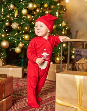 Комплект детский ясельный 2-х предметный комбинезон+шапочка с принтом Merry Christmas