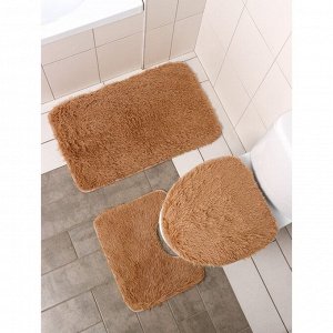 Набор ковриков для ванной и туалета Доляна «Плюшевый», 3 шт: 34x40, 40x50, 50x80 см, цвет бежевый